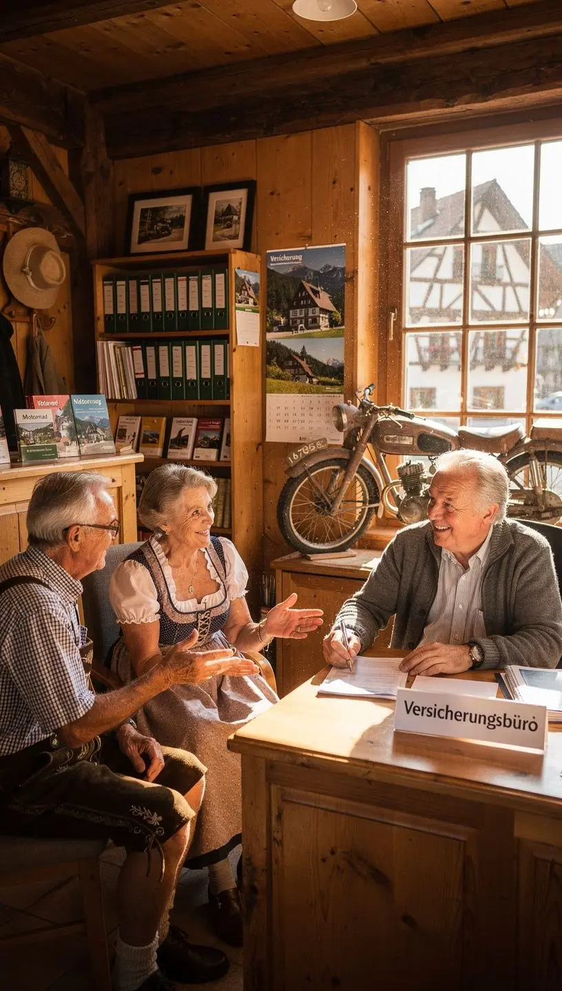 Saisonfahrzeug parkt vor Büro für kurzfristige Kfz-Versicherungen mit transparenter Beratung.
